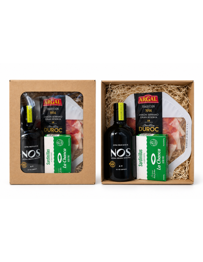Dárkový balíček španělských delikates – Jamón Serrano, olivový olej a sardinky