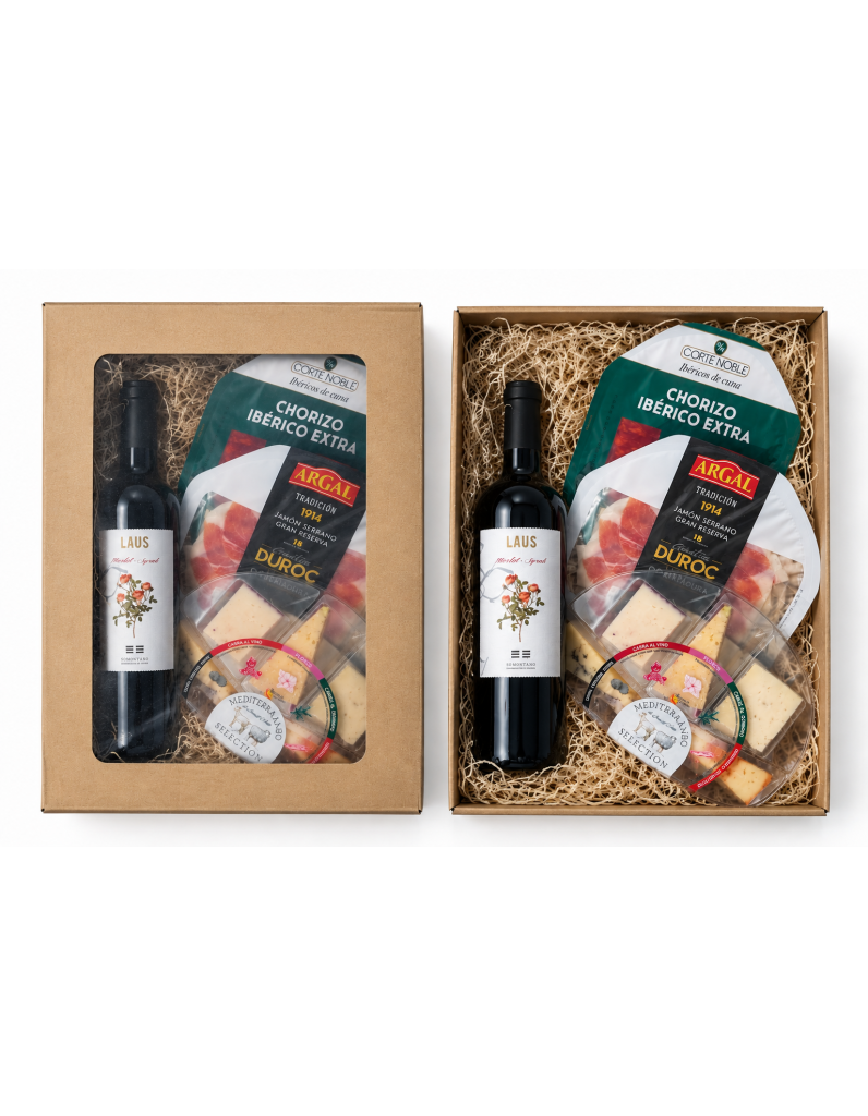 Dárkový balíček španělských delikates – LAUS, Chorizo Ibérico, Jamón Serrano a výběr sýrů